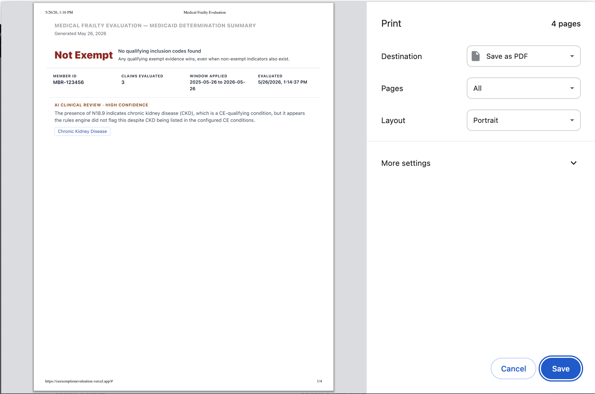 Printable Medical Frailty Evaluation Medicaid Determination Summary PDF for audit records